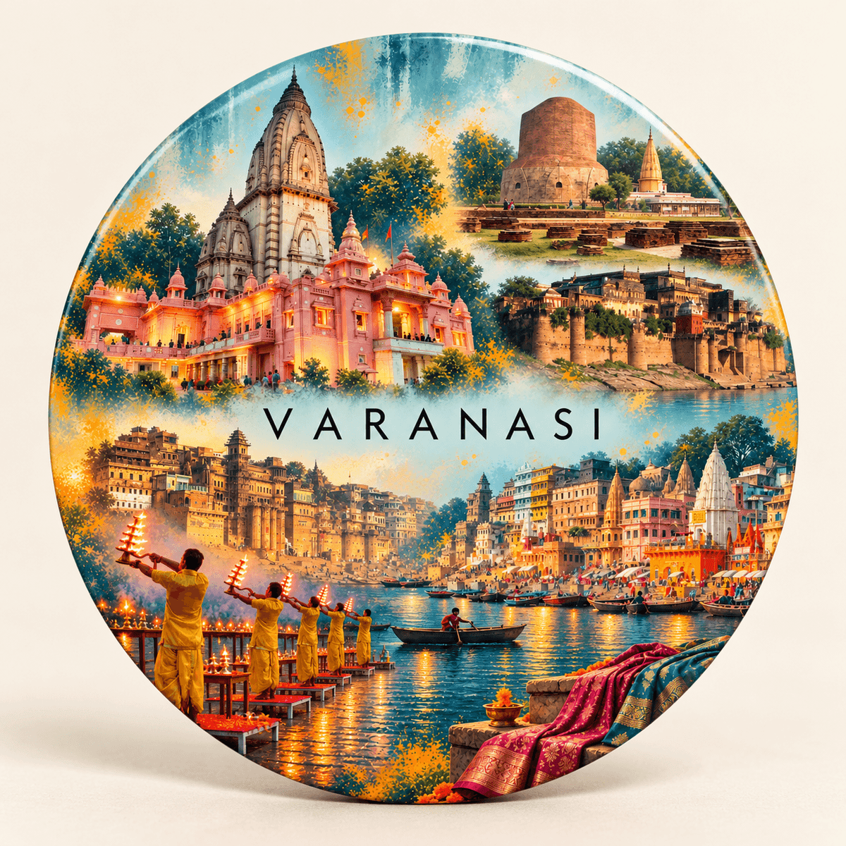 Varanasi Uttar Pradesh watercolour souvenir fridge magnet, 70 mm round