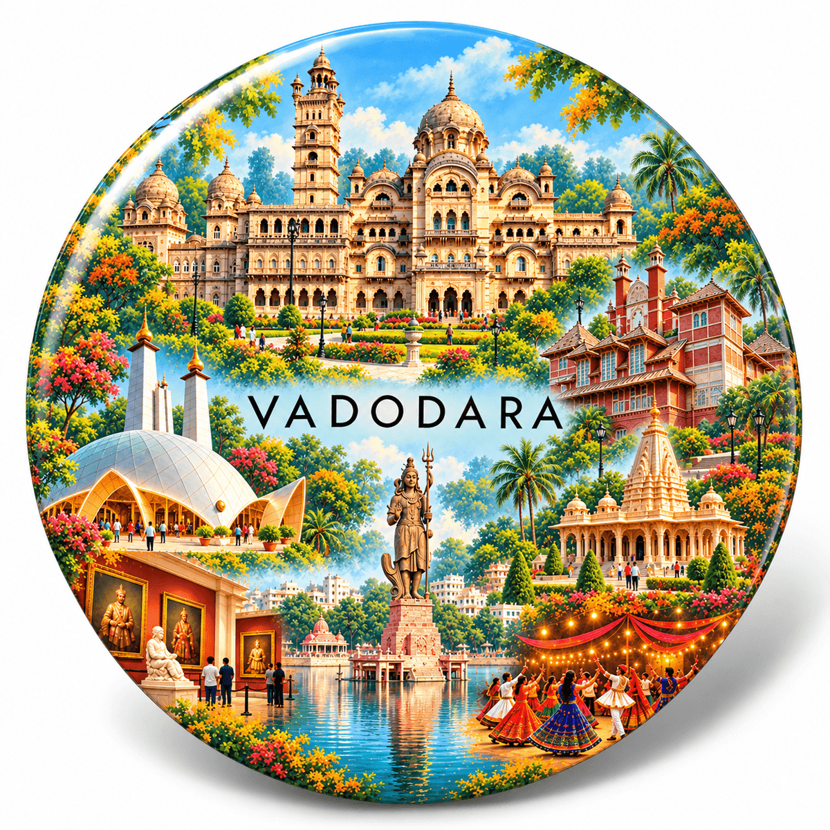 Vadodara Gujarat watercolour souvenir fridge magnet, 70 mm round