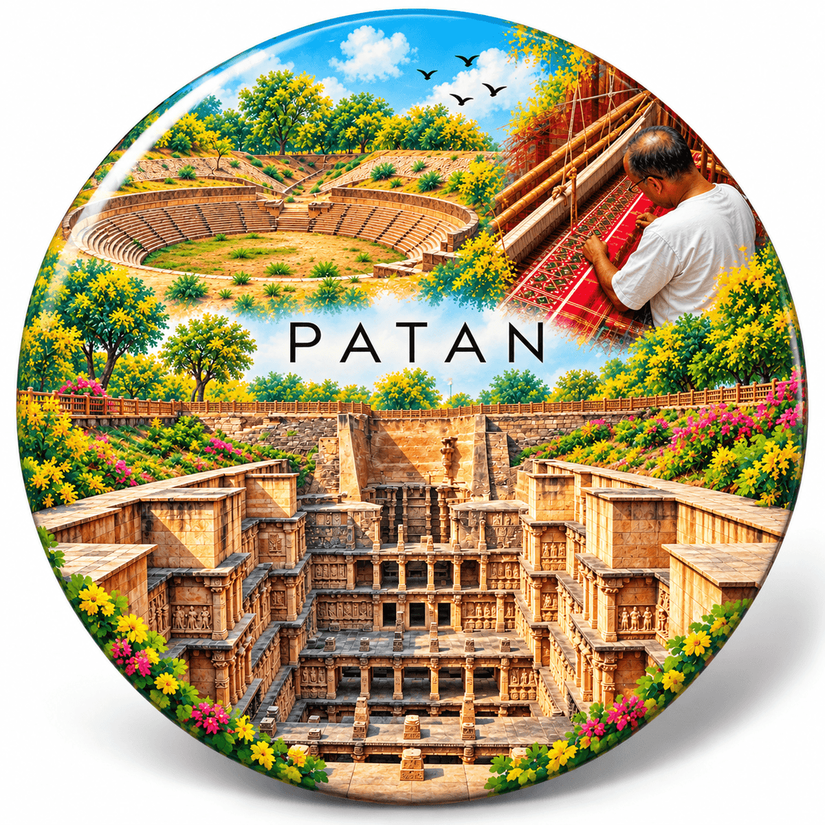 Patan Gujarat watercolour souvenir fridge magnet, 70 mm round