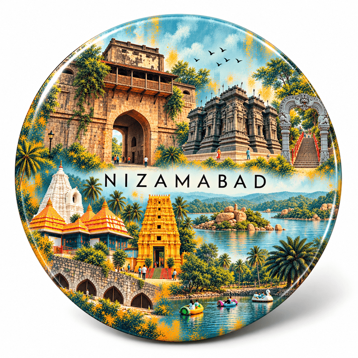 Nizamabad Telangana watercolour souvenir fridge magnet, 70 mm round
