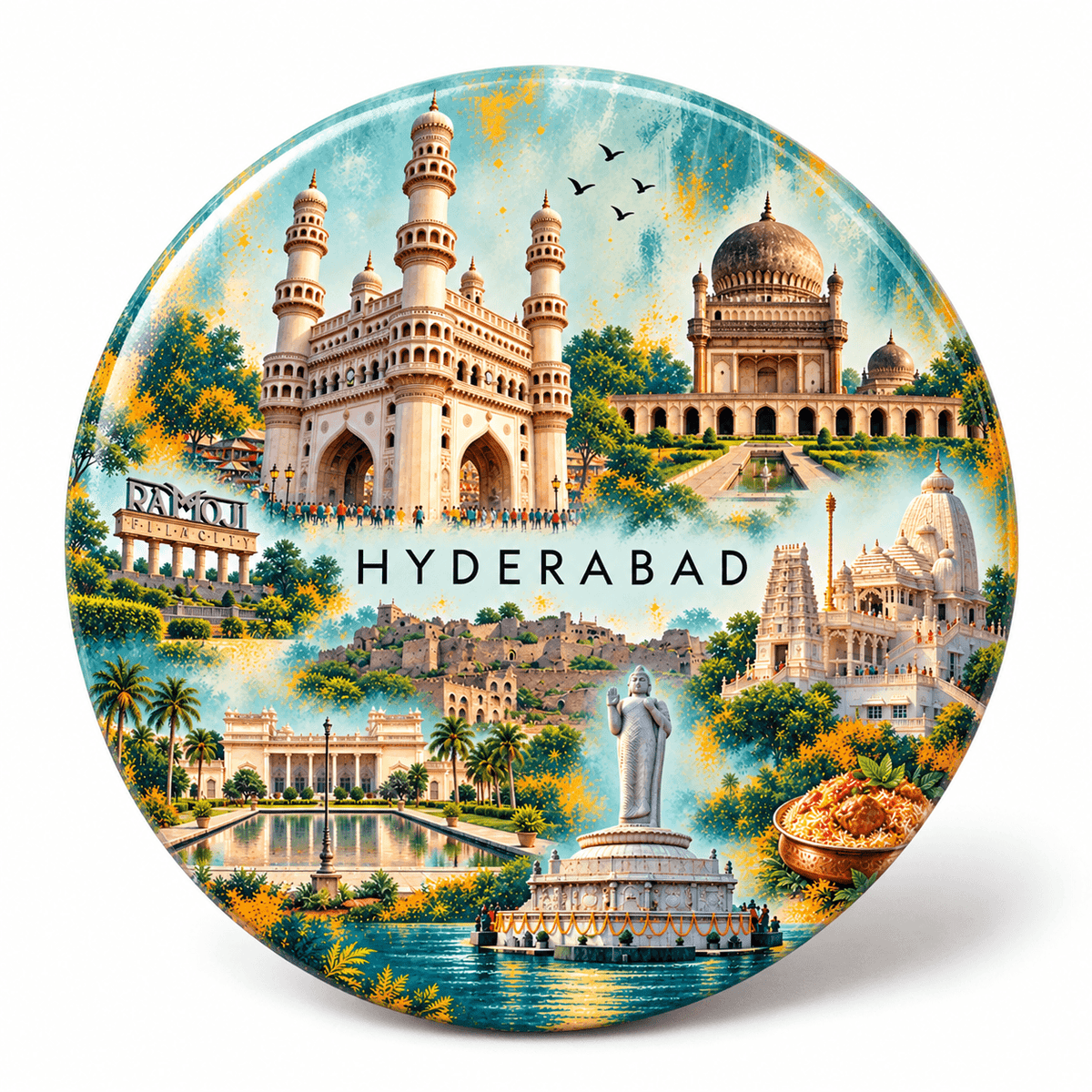 Hyderabad Telangana watercolour souvenir fridge magnet, 70 mm round