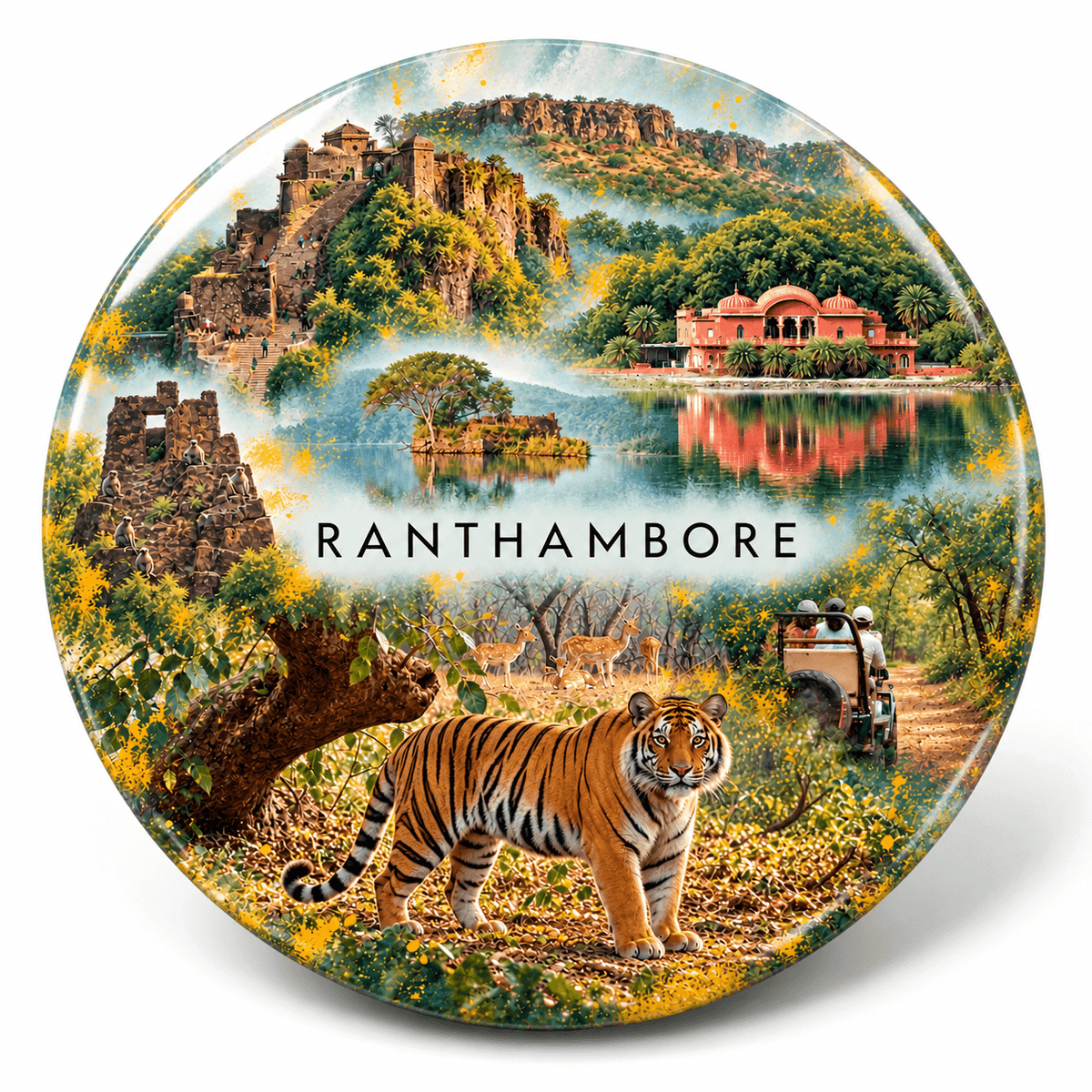Ranthambore Rajasthan watercolour souvenir fridge magnet, 70 mm round